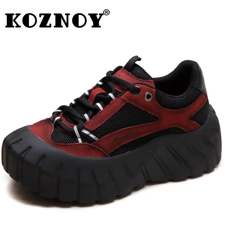 Koznoy 5cm Air Mesh Cow Suede Genuine Leather Luxury Shoes Fall Round Toe Lace Up Shallow Ethnic Platform Wedge Ladies Women