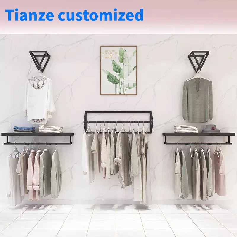 （customized）Stylish Black Garment Metal Wall Mounted Hanging Rail Display Rack Modern Retail Clothing Shop Fittings Interior Des