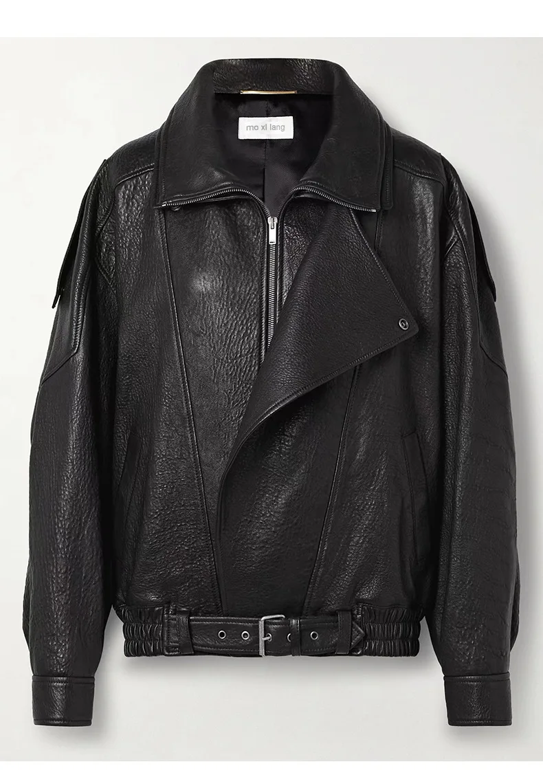 2025 Chaqueta de cuero de otoño e invierno Abrigo suelto con silueta corta y doble cuello para mujer