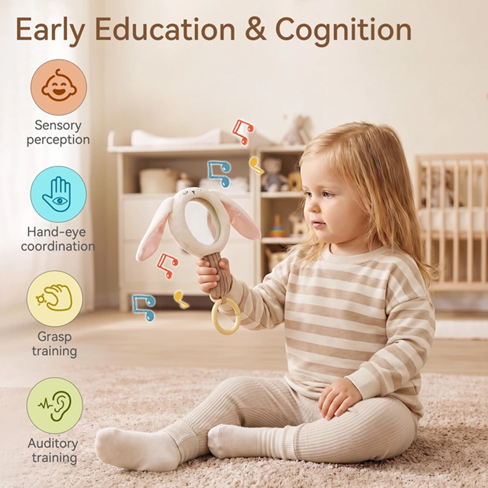 Long Eared Bunny Baby Cognitive Mirror Toy Soft Plush Cognitive Mirror Sensory Soothing Toy Montessori Early Educational Toys