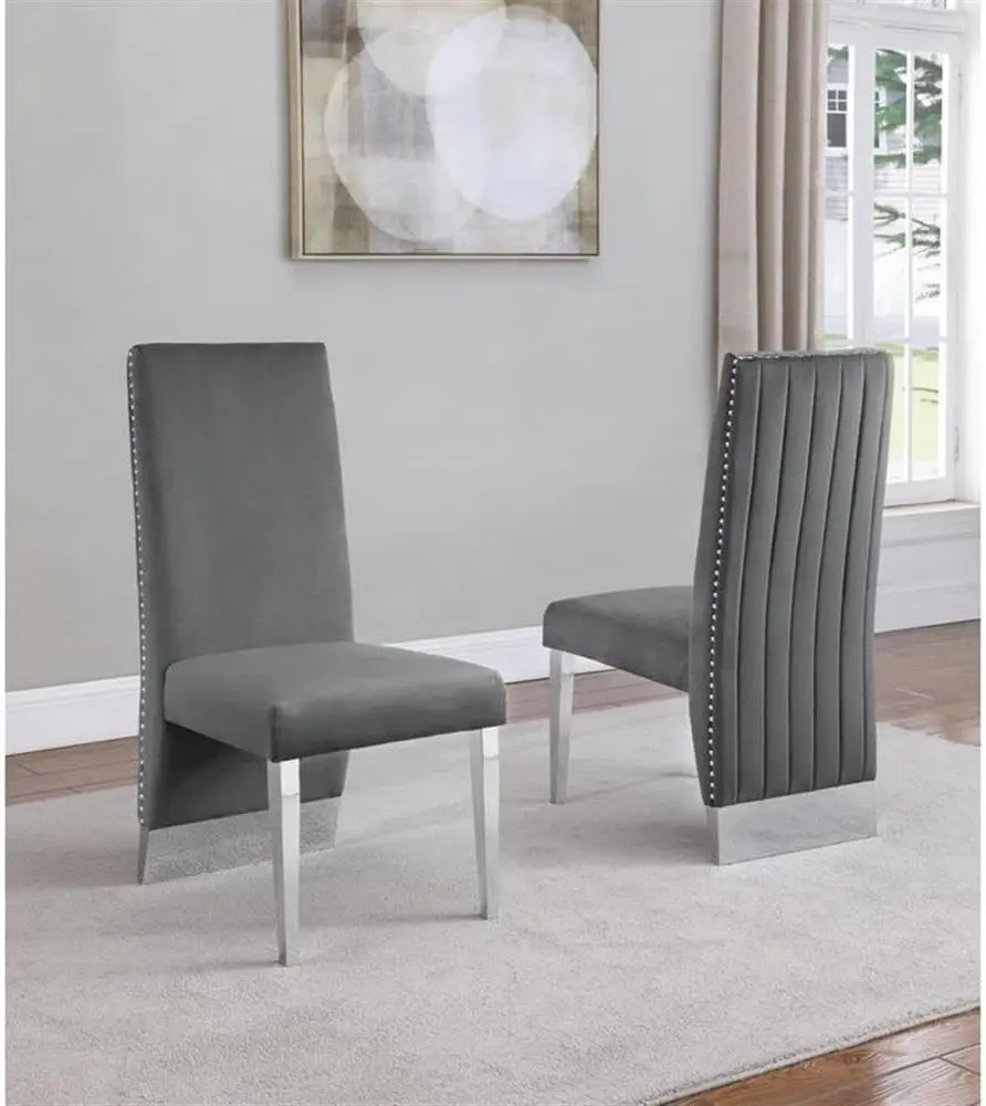 Velvet Dining Chairs Set of 2 with Nailhead Trim, Upholstered Seat and Back, Gold or Silver Chrome Legs, Adjustable Feet Leveler