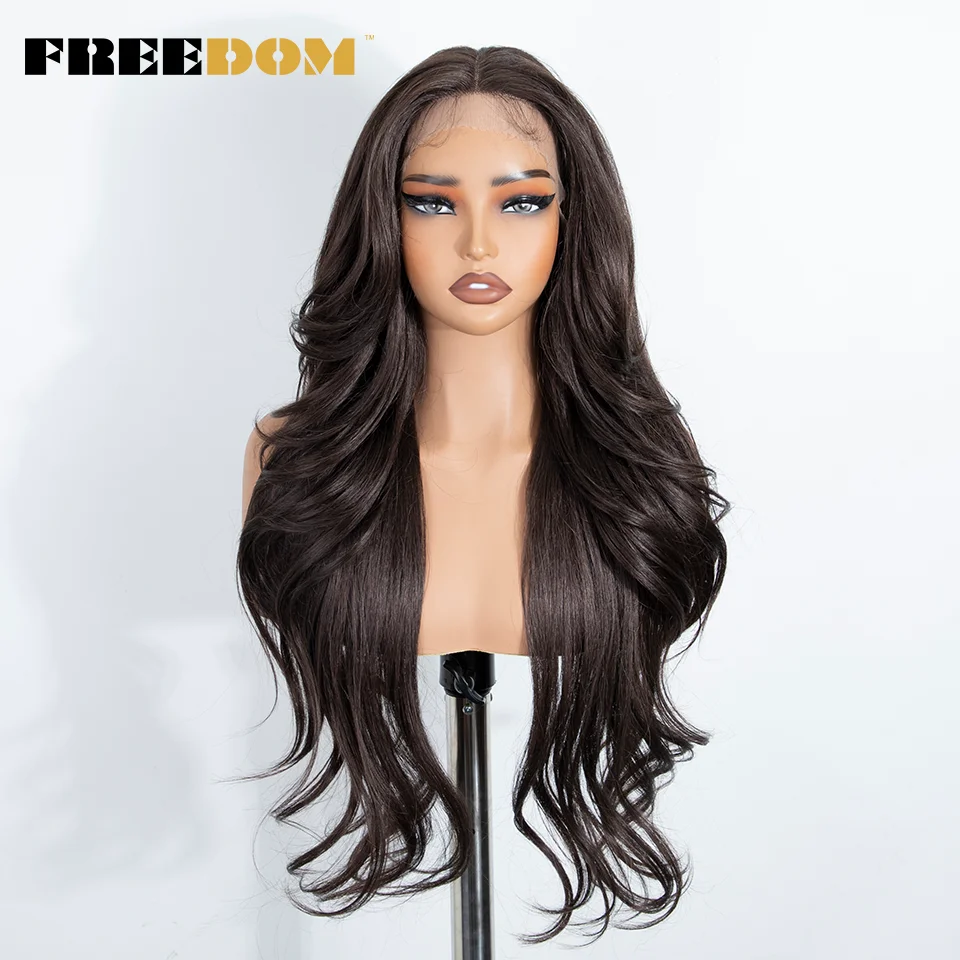 FREEDOM Layered Curl Synthetic Lace Front Wigs For Women 28 Inches Long Wavy Ombre Brown Blonde Lace Wig With Bangs Cosplay Wigs