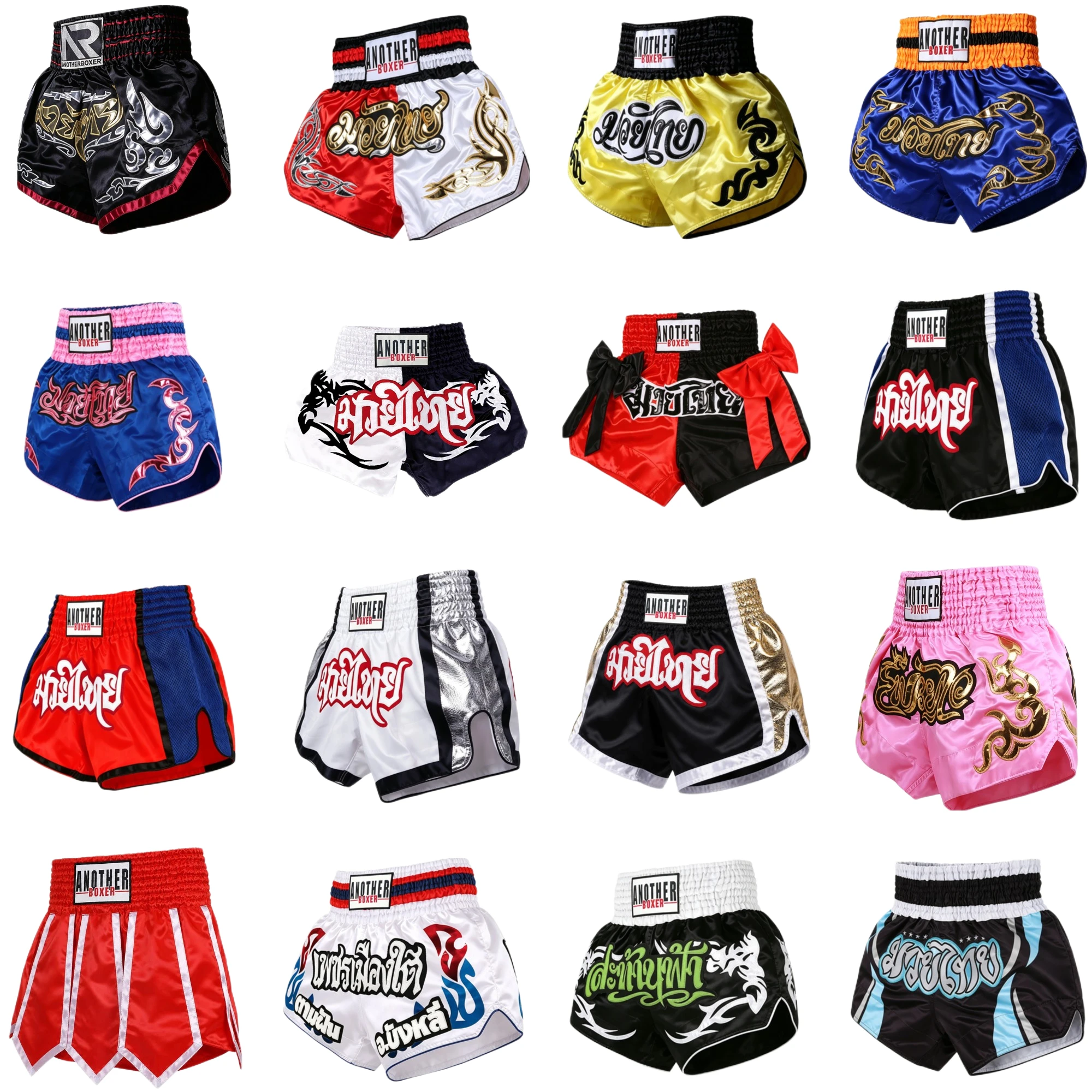 Klassische Muay Thai Boxshorts für Damen, Herren und Kinder, Wettkampf-Shorts mit Stickerei, Satin MMA Sparring Kickbox-Trainingshosen
