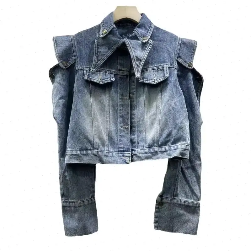 Coat Women Denim Coats Turn Down Collar Jackets Single Breasted Full Sleeve Hollow Out Vintage Y2k Streetwear Casual 2026 Spring