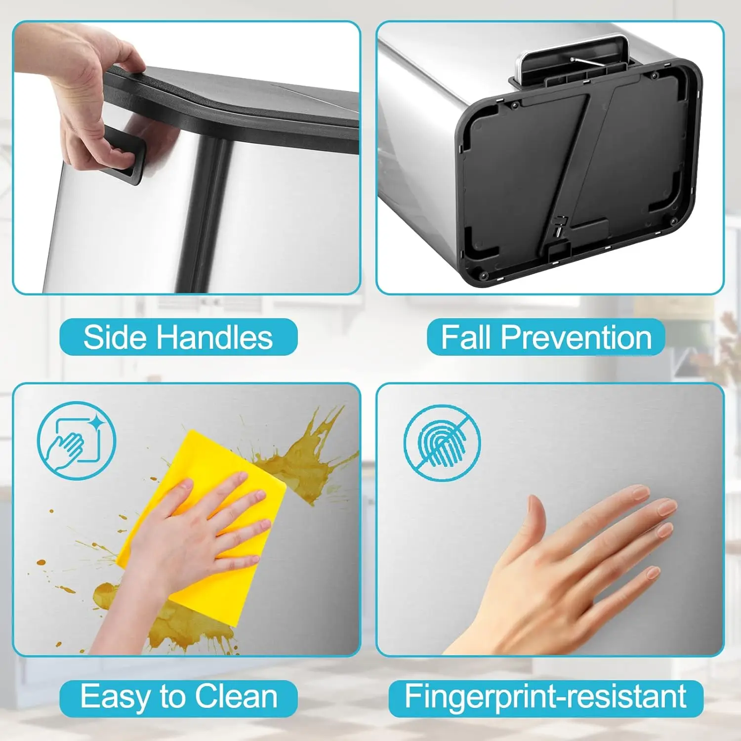 سلة المهملات الفضية المستطيلة المصنوعة من الفولاذ المقاوم للصدأ 2 × 4 جالون (2 × 15 لتر) سلة المهملات الفولاذية مع غطاء ودلو داخلي