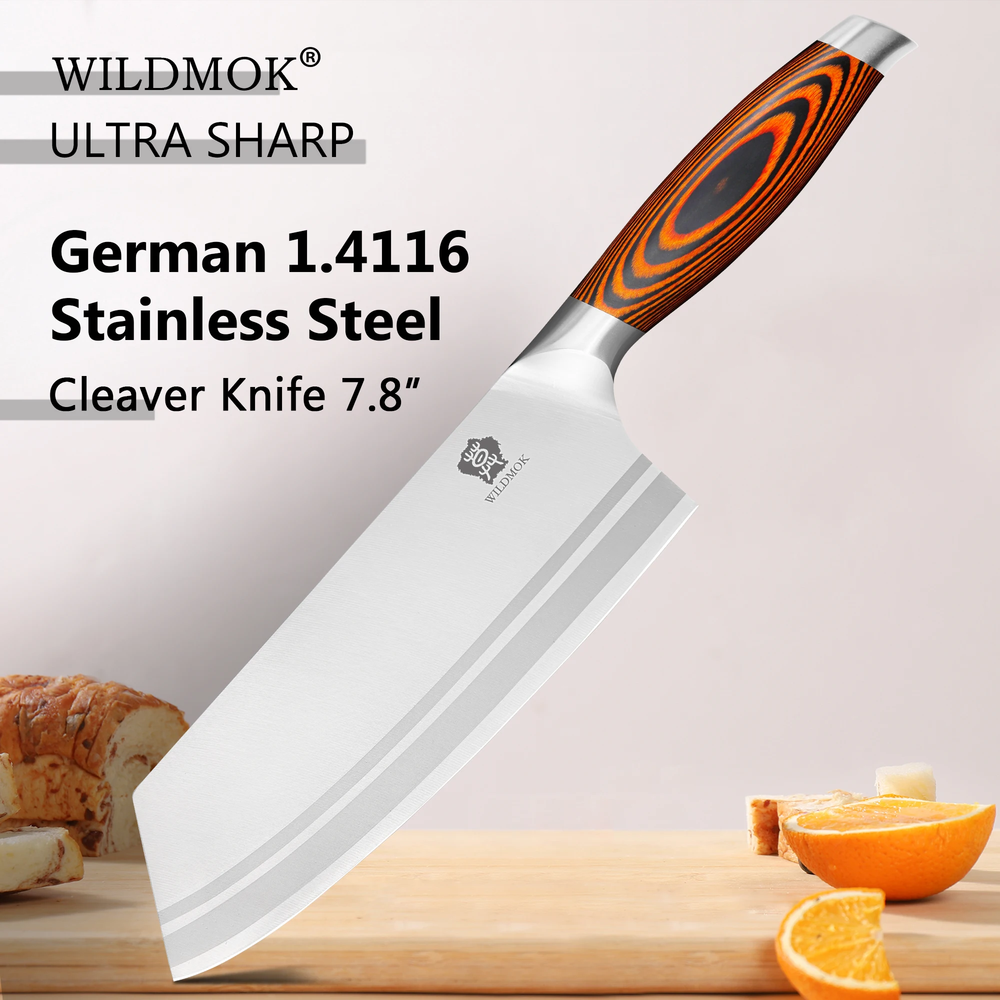 WILDMOK 7.8 Inch Nakiri Vegetable Knife, Stainless Steel Blade for Meat Slicing Vegetable, Ergonomic Full Tang Pakkawood Handle