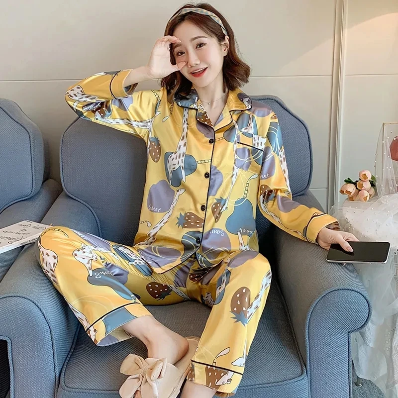 Ice Silk Satin Print Pajama Sets Womens Soft Smooth Long Sleeve Sleepwear 2 Piece Conjunto Spring Loose Pants Loungewear Suits