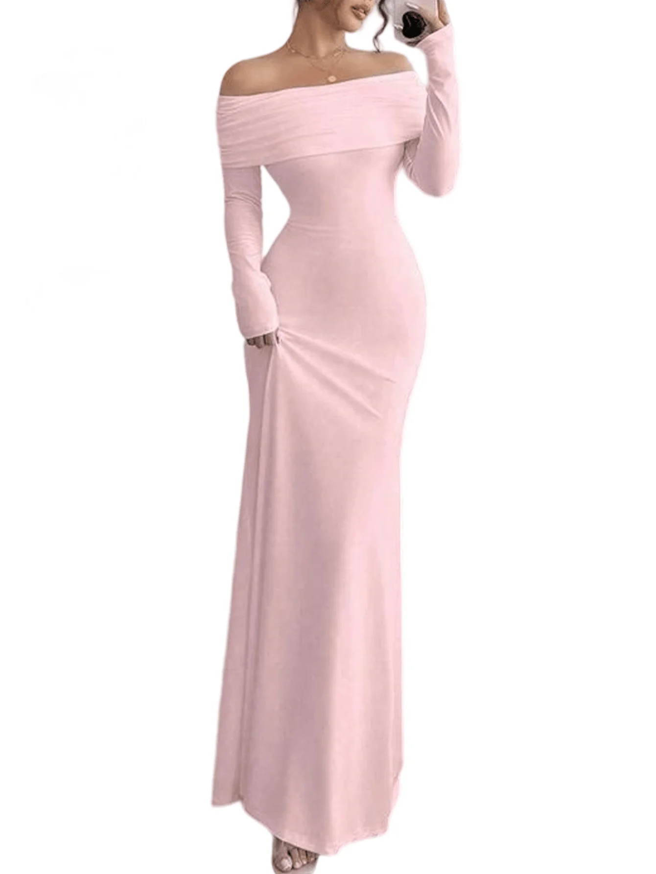 

Women's Clothing One-word Shoulder Shrinking Tight Body Fashion Elegant Wrap Long Evening Dress Dress