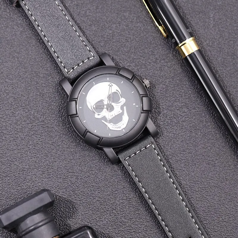 3PCS Set Fashion Mens Skull Watches Classic Men Business Leather Quartz Watch Male Cool Black Necklace Bracelet Wristwatch