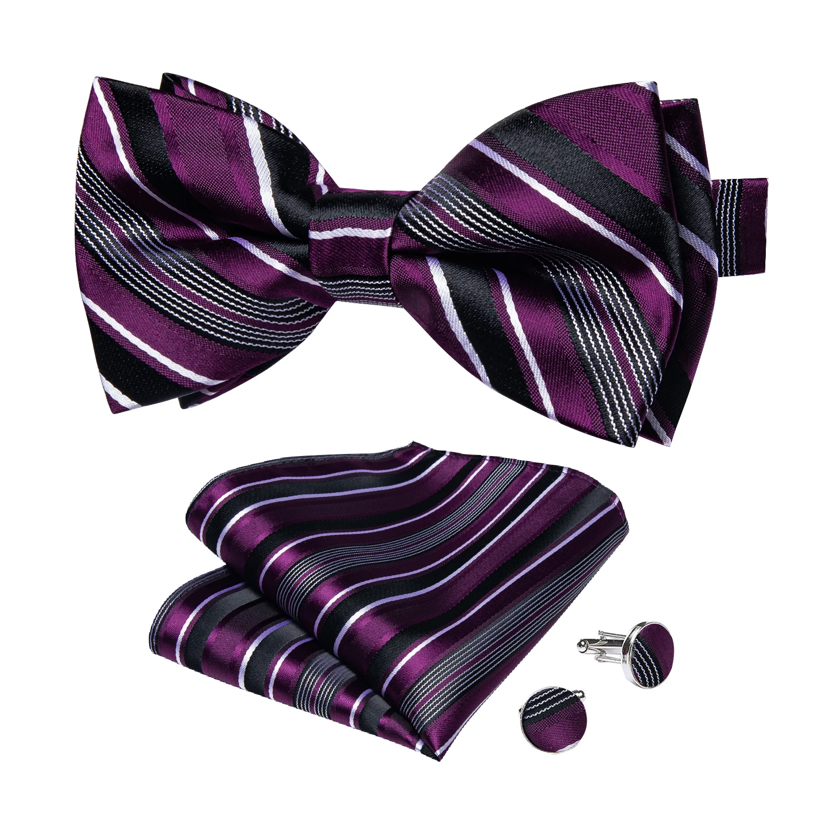 Klassisches schwarzes Herren-Fliege-Set mit Einstecktuch und Manschettenknöpfen – Paisley Gold Vorgebundene Fliege – Detail 37