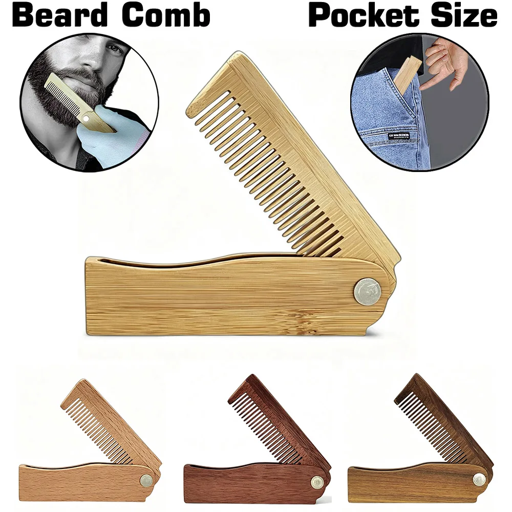 Gracemen Foldable Pocket Beard Comb Natural Bamboo Wood Folding Comb Beard Hair Wooden Travel Comb