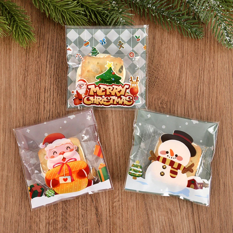 100pcs Christmas Cookie Gift Bags Snowman Snack Candy Plastic Bag Self-Adhesive Packaging Bags Xmas New Year Party Biscuit Pouch