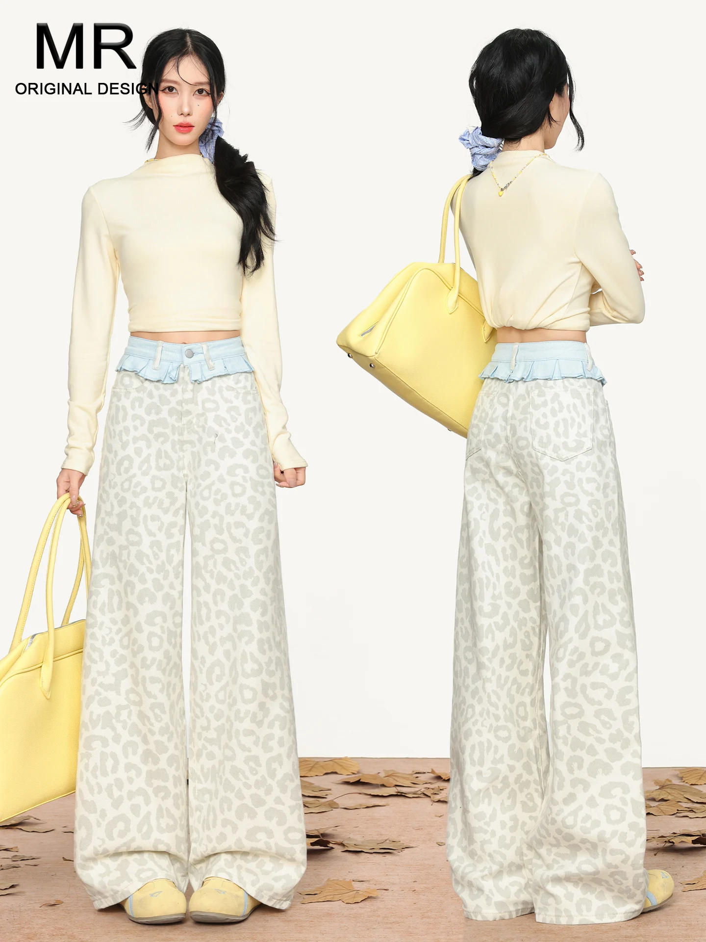 

Белые повседневные широкие джинсовые брюки женские летние в американском ретро-стиле с леопардовым принтом, свободные, с высокой талией, из хлопка