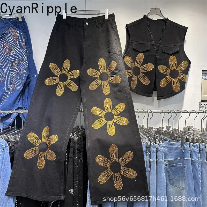 Fashionable Women Denim Two-piece Set Hot Diamonds Sleeveless V-neck Vests Coat + High Waist Wide Leg Casual Straight Pants