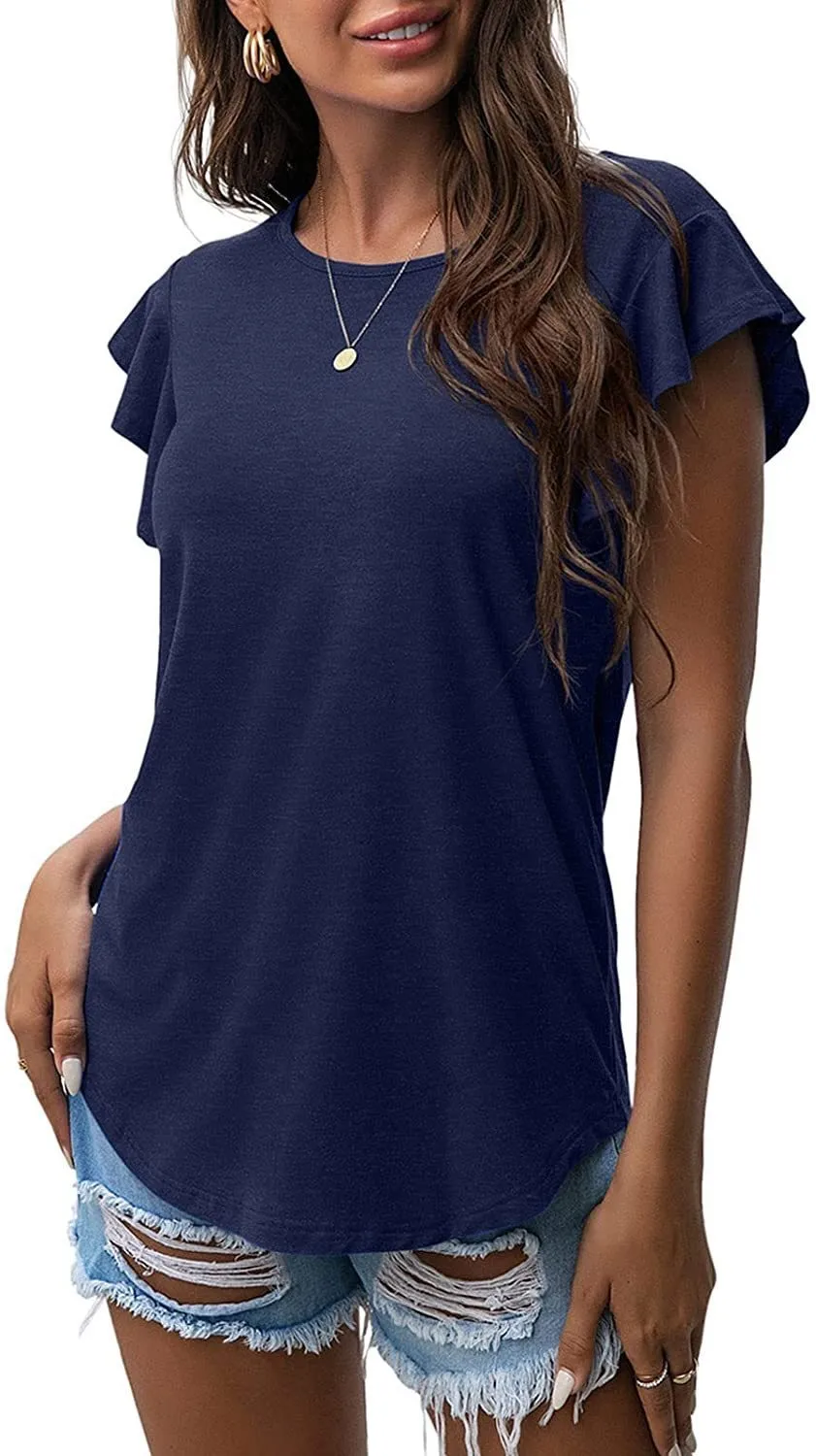 

New Women's Top Round Neck 3D Printed Solid Ruffle Sleeve Short Sleeve T-shirt