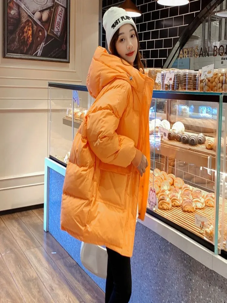 2023 New Orange Down Cotton Coat Women\'s Winter Mid length Thickened Cotton Coat Loose Cotton Coat High Quality Coat