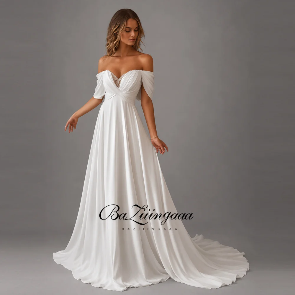 

Simple Wedding Dresses Chiffon Off The Shoulder A-LINE Back Zipper Design Court Train V-Neck Bride Church Wedding