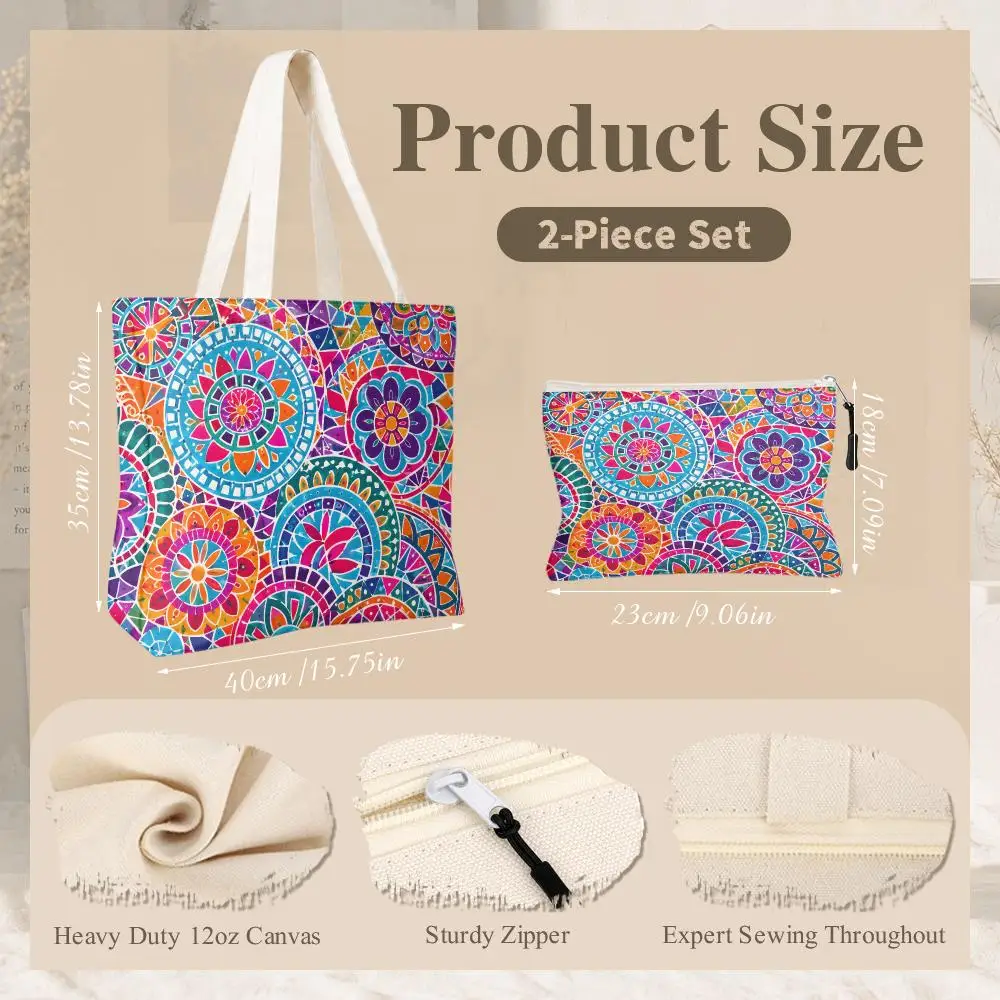 Boho Mosaic Mandala Storage Bags 2-Piece Zipper Sustainable ToteBag Set Tear‑Resistant Large Capacity Weekender Travel&Gift