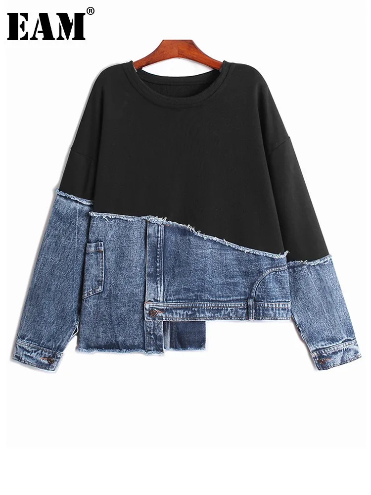 [EAM] Black Denim Irregular Casual Sweatshirt New Round Neck Long Sleeve Women Big Size Fashion Tide Spring Autumn 2023 1DH5370