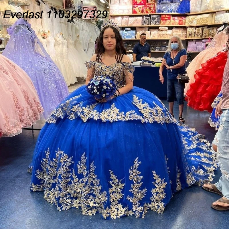 EVLAST Glitter Royal Blue Quinceanera Dress Ball Gown Gold Lace Applique Beading Tiered Sweet 16 Vestidos De 15 Anos TQD742