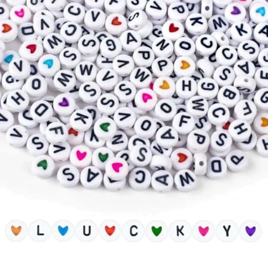 

1000PCS Colourful Letter Beads for Threading, 4 x 7 MM, A-Z White Letter Beads and Colourful Heart Beads, Acrylic Round Beads f