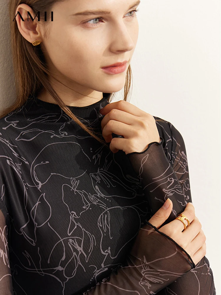 Amii минимализм, осенние новые футболки, женские модные сетчатые водолазки с принтом, тонкие топы 2021, офисная женская одежда 12120314