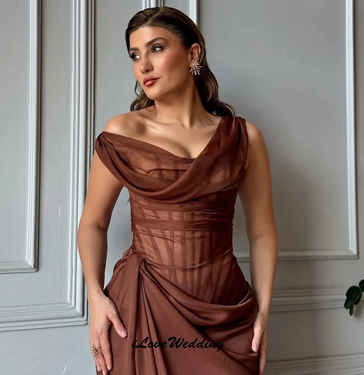 

Customized Chocolate Brown Chiffon Prom Dresses 2025 Elegant Pleated Wedding Party Dress For Women Mermaid Sexy Formal Gowns
