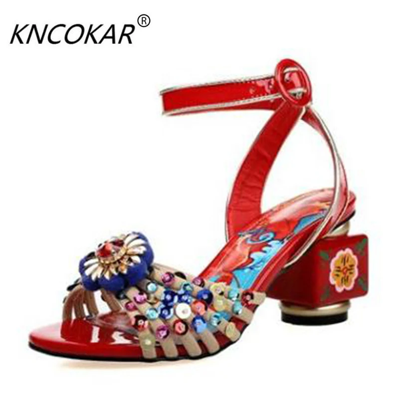 Thick high-heeled leather sandals female summer national classical elegant hand-painted flowers peep-toe diamond retro cheongsam