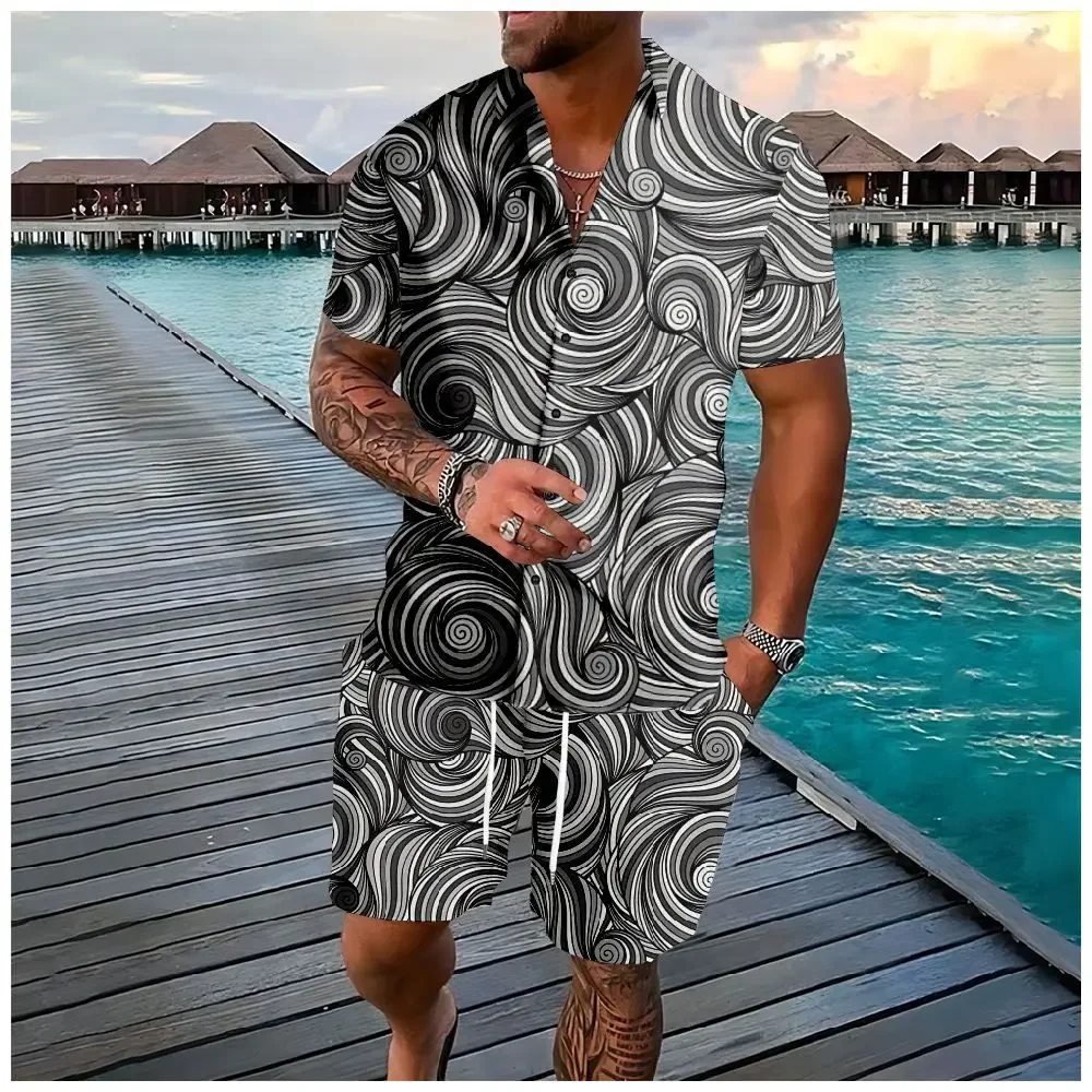 Summer Fashion Swirl 3D Print Men Shirt Sets Short Sleeve Shirt Oversized Casual Beach Shorts Streetwear Hawaiian Suits Clothes