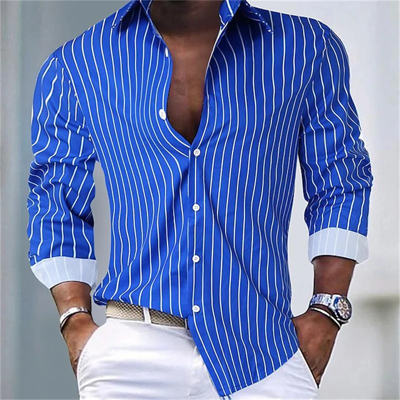 Men's Hawaiian Shirt Blue Striped Printed Shirt Fashion Elegant Summer Beach Shirt Temperament Streetwear Lapel Mens Clothing