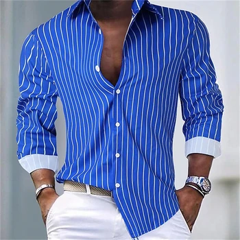 Herren Hawaiihemd Blau Gestreiftes Bedrucktes Hemd Mode Elegantes Sommer Strandhemd Temperament Streetwear Revers Herrenbekleidung