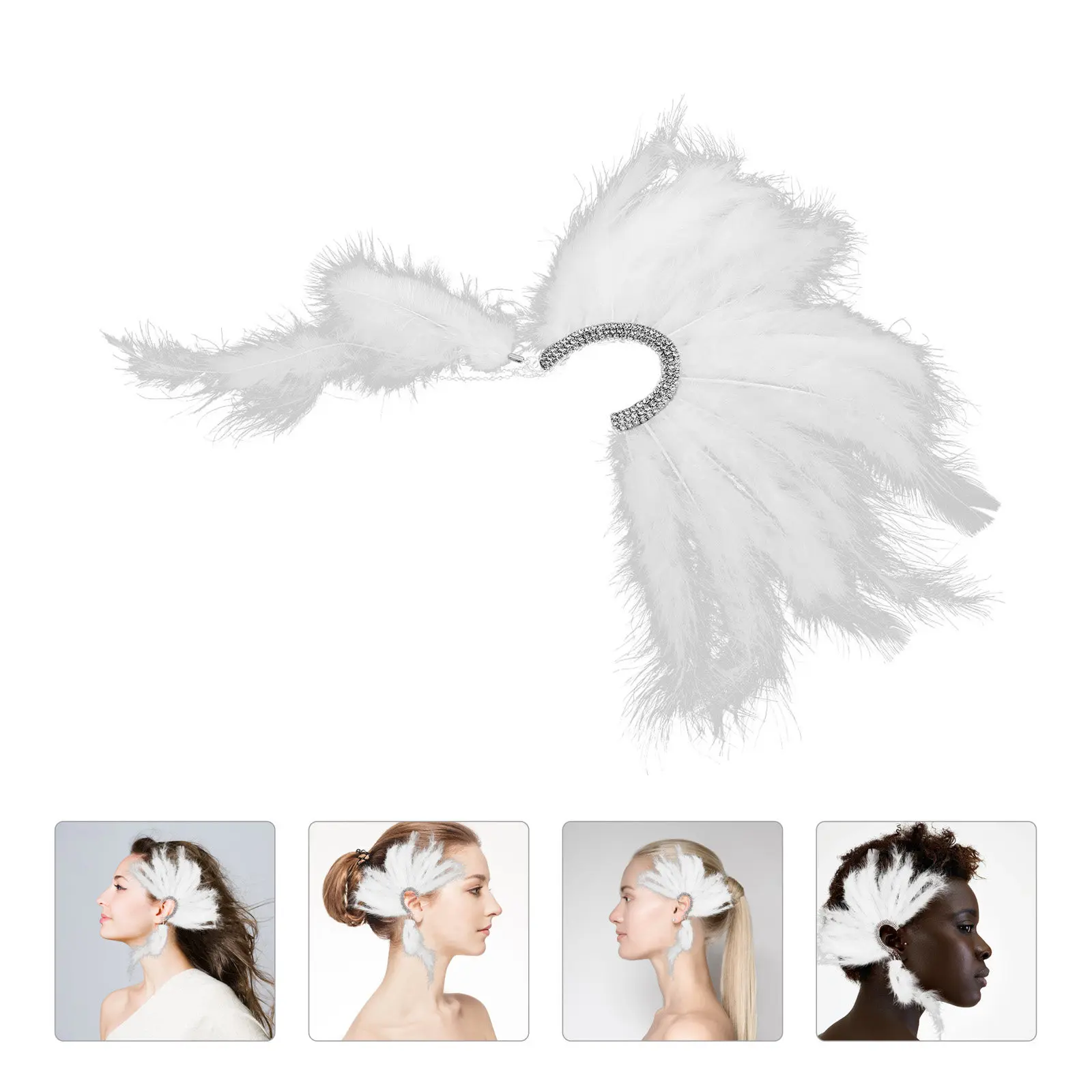 

White Feathered Hair Clips Rhinestone Plume Headpiece Elegant Wedding Party Ballet Hairpin Bride Accessories Vintage Style Hair