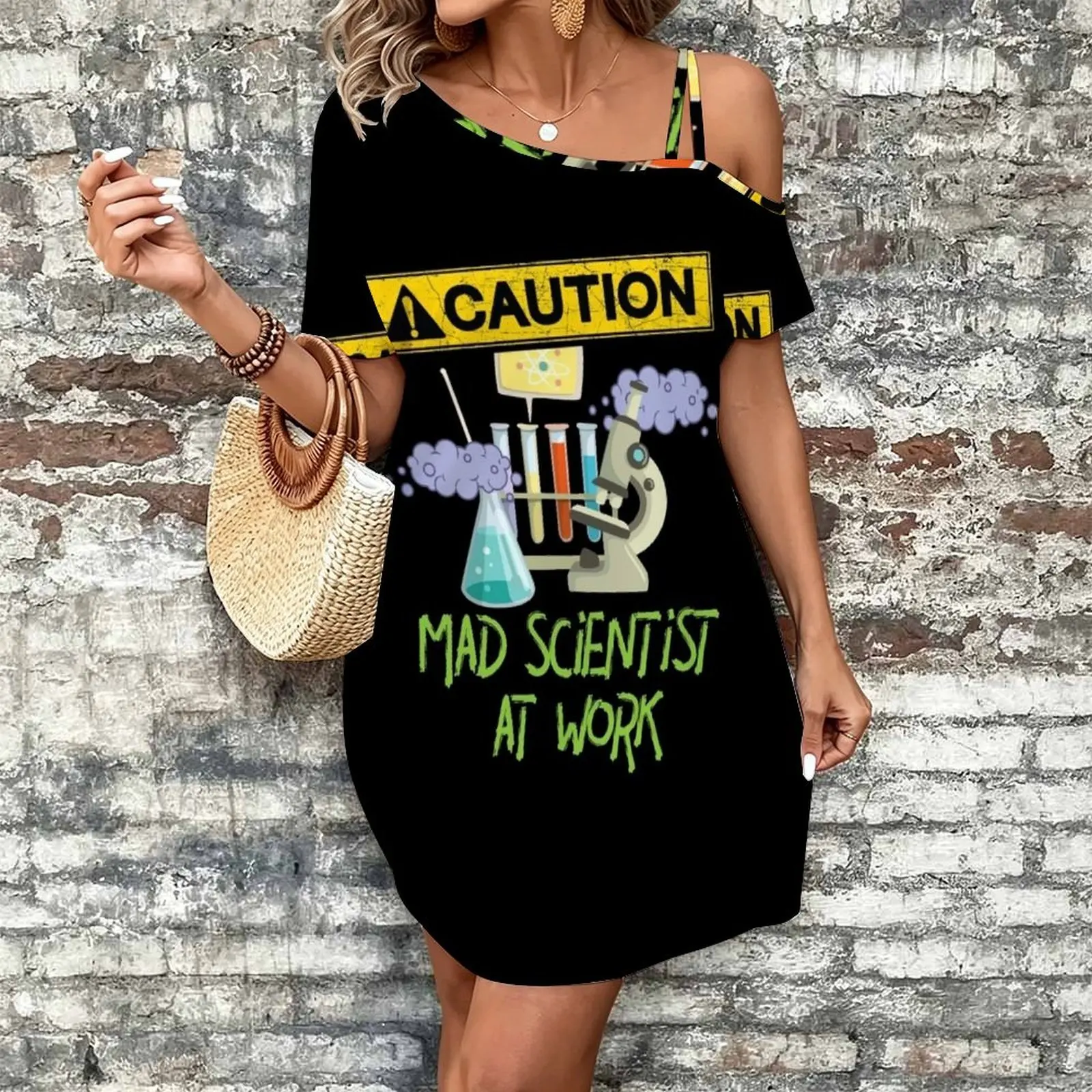 CAUTION Mad Scientist At Work - Funny Science Scientist's Women's Slanted Shoulder Single Strap Short-Sleeved Dress