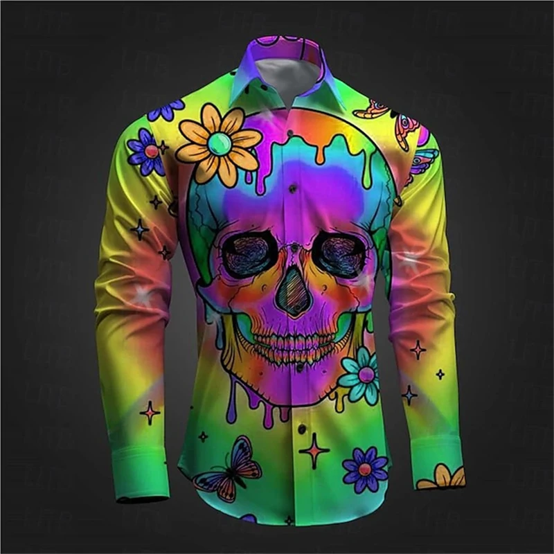 Optical Illusion Skeleton Men's Subcultual Hippie Abstract 3D Printed Shirt Daily Wear Out Spring Turndown Long Sleeve Shirts