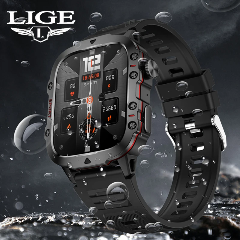 

LIGE 1.96-inch Screen Watch Men Smartwatch SOS Bluetooth Call Wristwatch Waterproof Heart Rate Monitor Sports Smart Watch Man