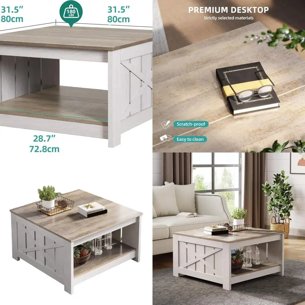 Rustic Grey Wash Square Coffee Table with Half Open Storage for Living Room