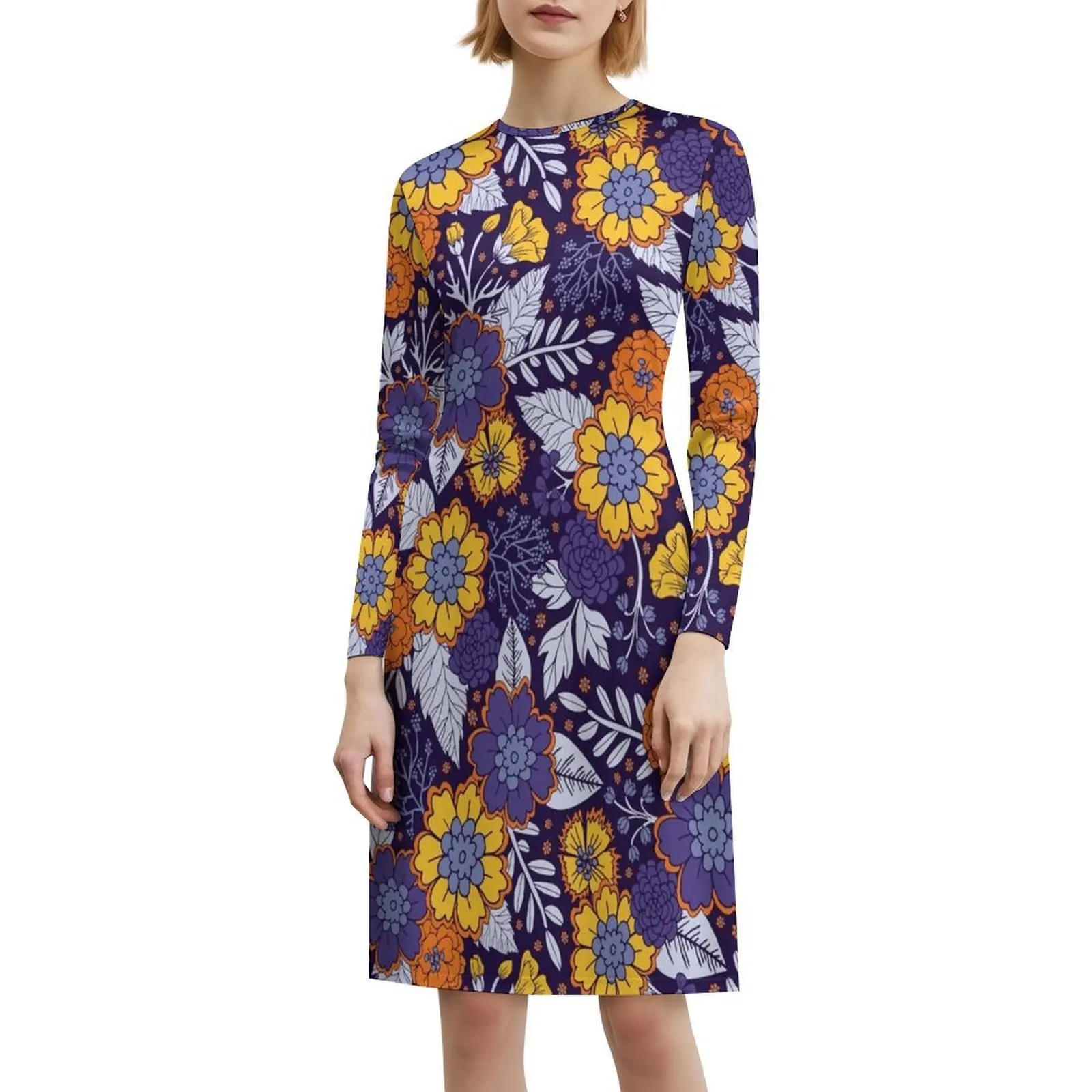 فستان على الطراز الكوري باللون الأرجواني والأصفر والبرتقالي / نمط الأزهار للنساء فستان كاجوال أنيق للحفلات أو الارتداء اليومي