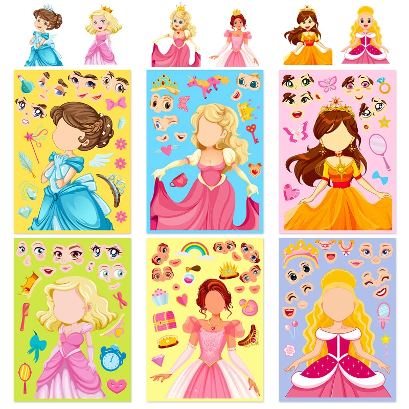 

Make Your Own Princess Stickers Sheets for Kids DIY Make A Face Dress Up Puzzle Stickers Children Party Favor Activities Gifts