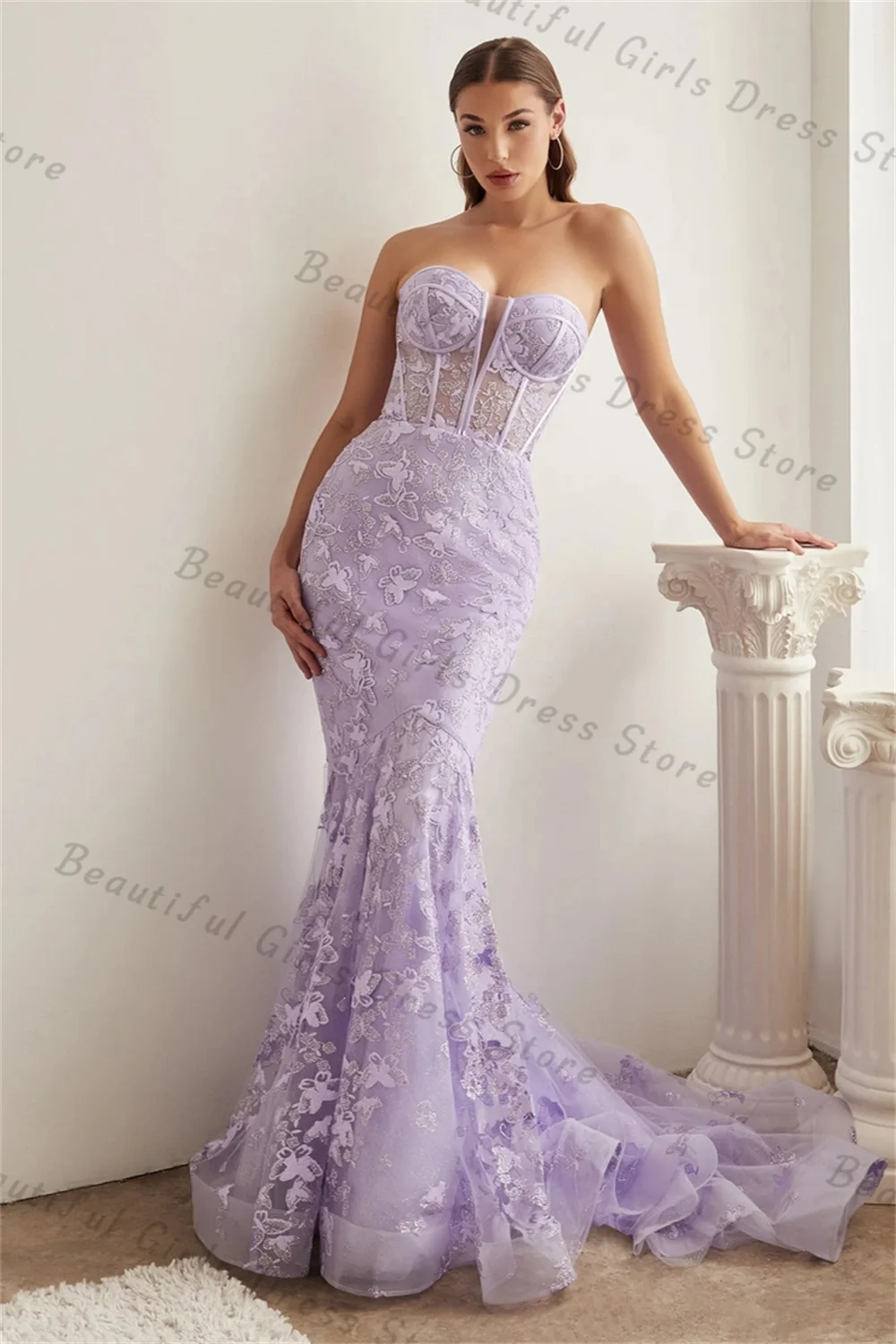 Sexy Tulle Sweetheart Mermaid Evening Dresses Lace Appliques Sleeveless Sheer Corset Prom Gown Backless Long Formal Ball Party