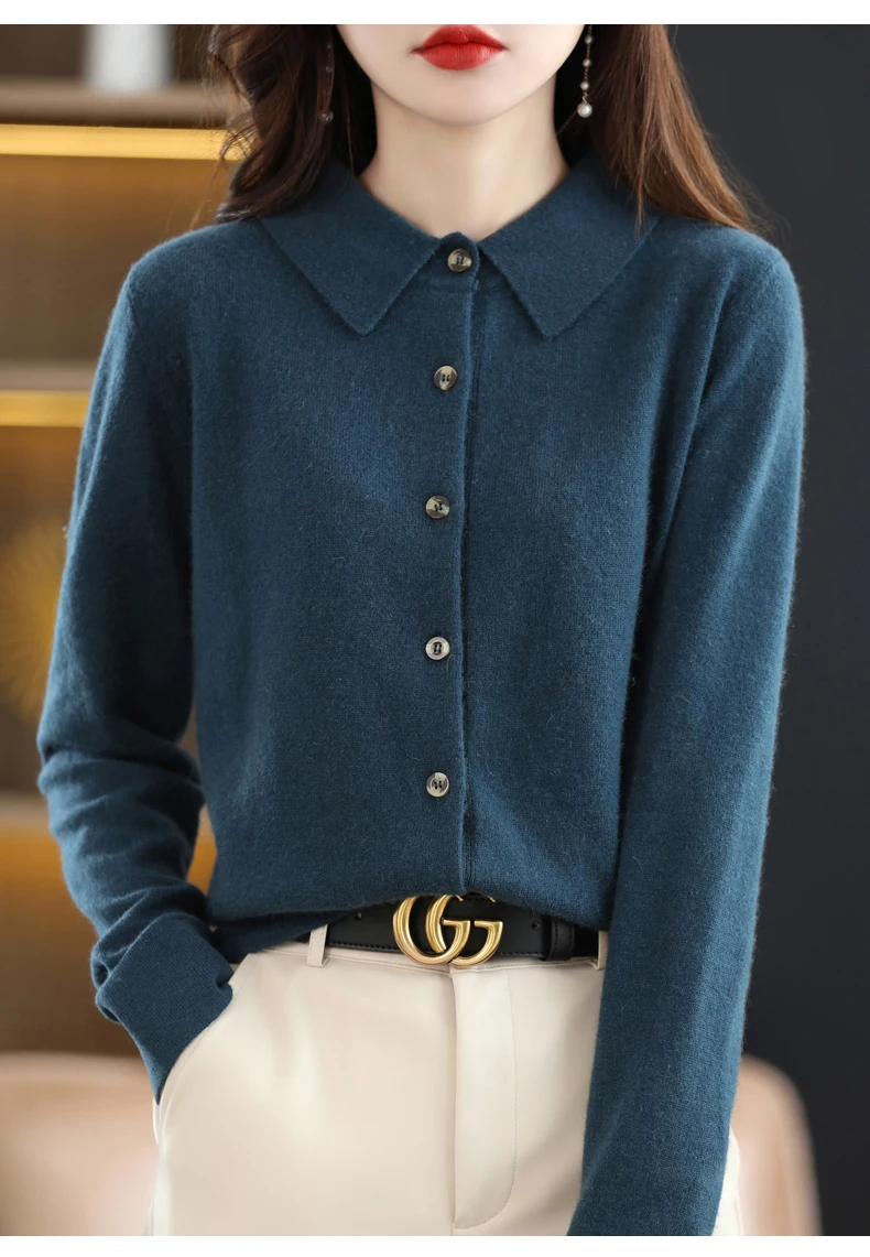 Spring And Autumn Winter POLO Neck Wool Knitted Shirt With Loose Long-Sleeved Sweater Cardigan Temperament Lapel Coat Bottoming