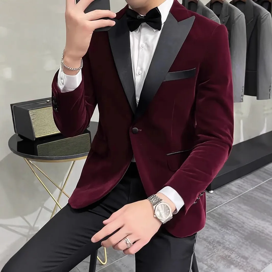 Cross border velvet wine red one button suit set for men's business wedding suit with a lapel collar