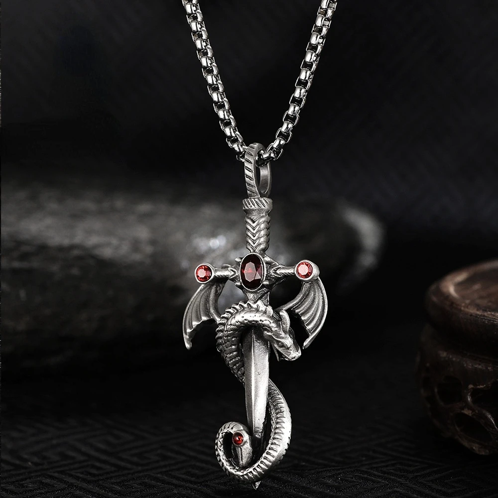 Vintage Silver Color Dragon Sword Cross Pendant Necklace for Men Women\'s Goth Punk Long Chain Necklace Hip Hop Jewelry