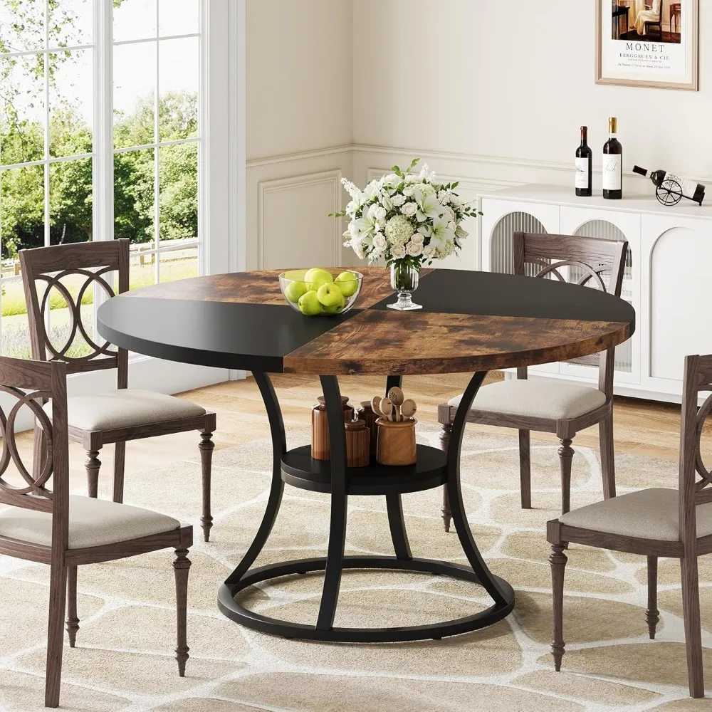 

4-6 inch round dining table, 47 inch wooden dining table with storage rack, farmhouse kitchen dining table with metal base