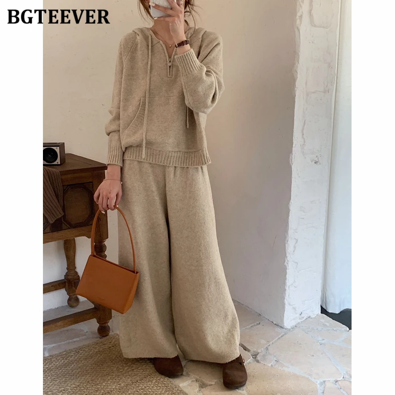 BGTEEVER Casual Warm Ladies 2 Pieces Knitted Trousers Set Long Sleeve Hooded Zippers Sweaters & High Waist Wide Leg Pants