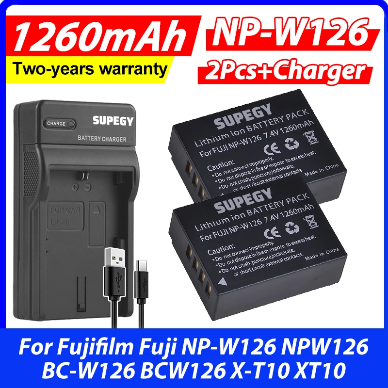 2PC 7.4V 1260mAh Li-ion NP-W126 NP W126 Battery+Charger for Fujifilm Fuji NP-W126 NPW126 BC-W126 BCW126 X-T10 XT10