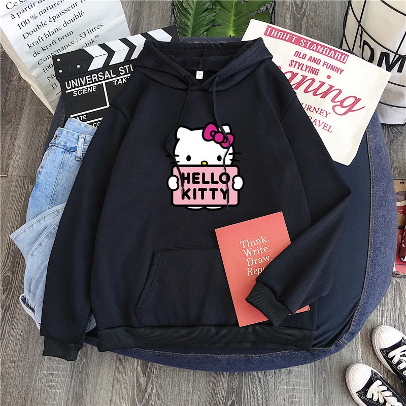 2024 New Casual Women\'s Sweatshirts Sanrio Hello Kitty Kawaii Tops for Women Cute Hoodies Fashion Harajuku Long Sleeves Plus Siz