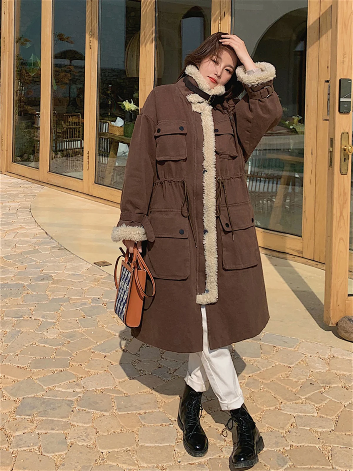 Women\'s Mid-length Plush Coat, Rabbit Hair Style Overcoat, Loose Thickened Overcoat, Grey, Over Knee, Cotton, Winter, 2022