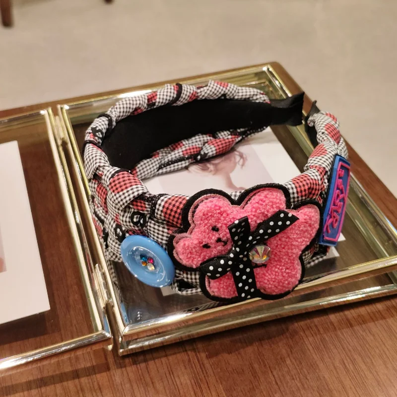 College Style Checkered Bow Headband Hair Bands Vintage Heart Print Fabric Hairband Hairpin view 5