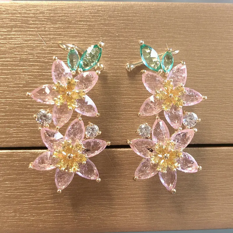 Fshion Double Pink Flower Ear Clips With Piercing For Women