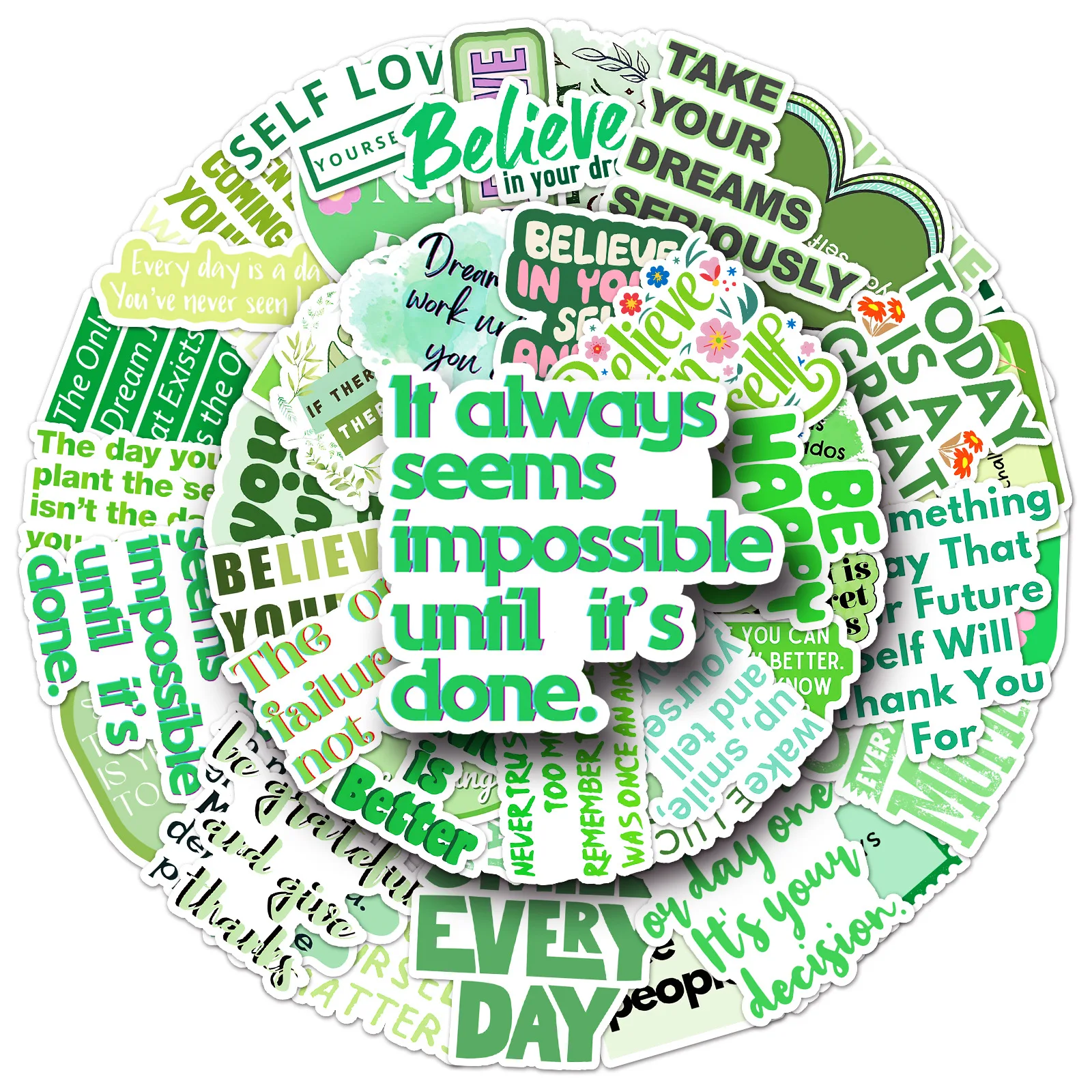 10/50 SZTUK Zielone Inspirujące Angielskie Krótkie Napisy Naklejki Graffiti Wodoodporne Naklejki DIY na Kubek na Wodę, Obudowę Telefonu Komórkowego